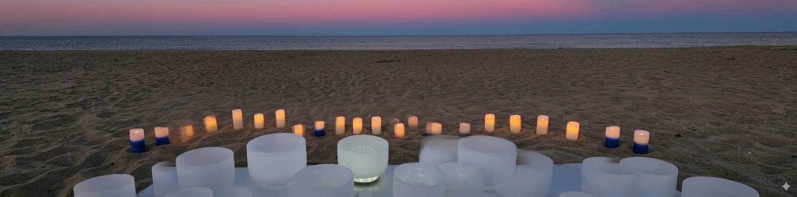 Candles on the beach at twilight with crystal singing bowls