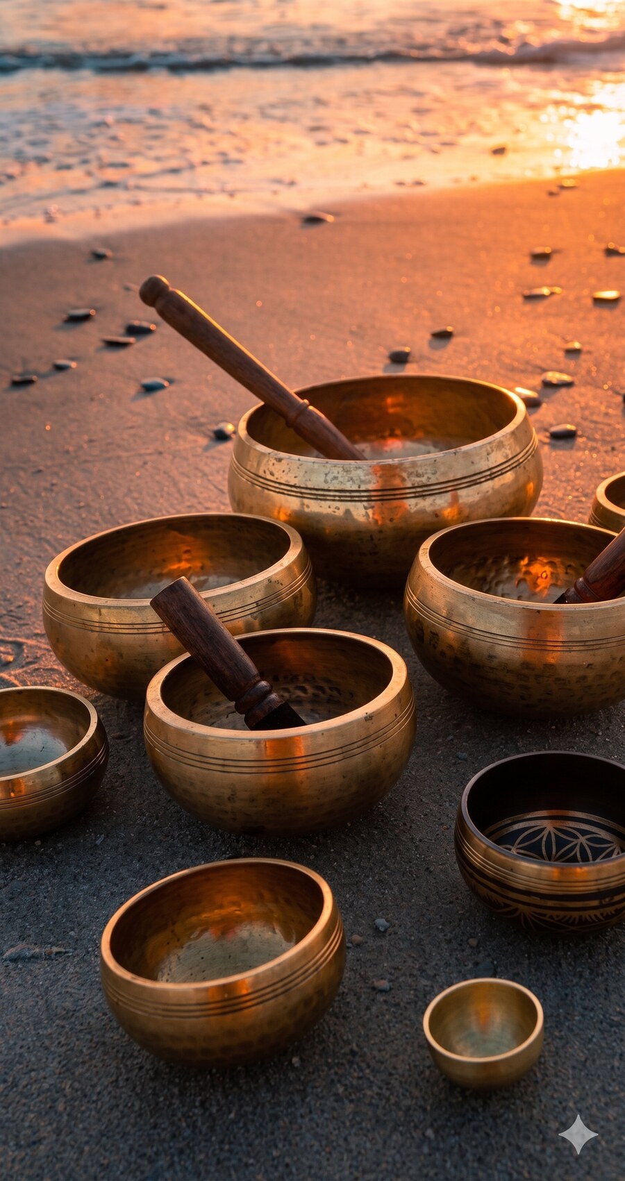 Tibetan singing bowls on the beach at sunset