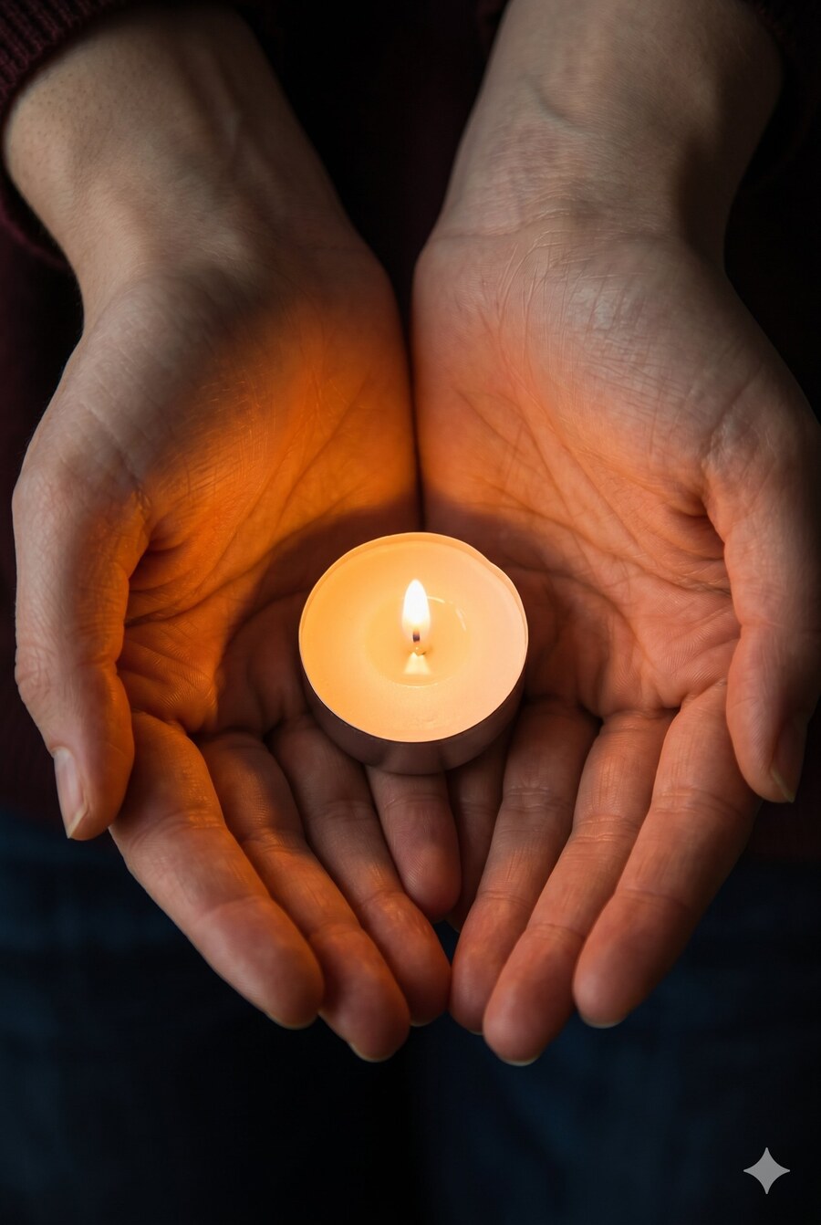 Hands cradling a candle flame