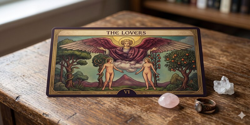 The Lovers tarot card on a reading table