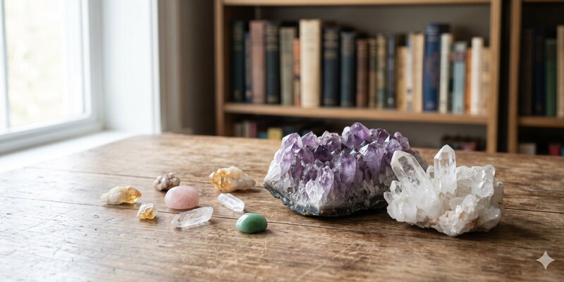 Crystal collection on a reading table
