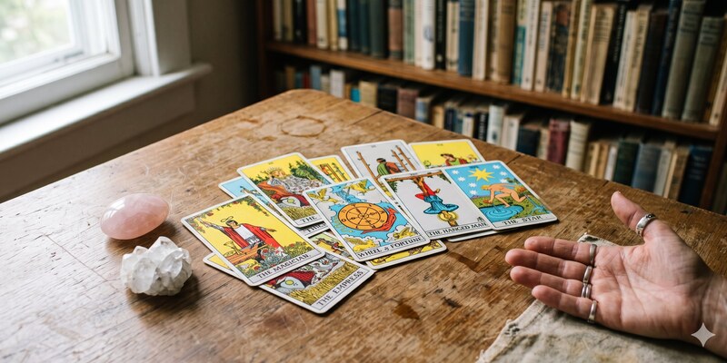 Tarot cards spread on a reading table with crystals