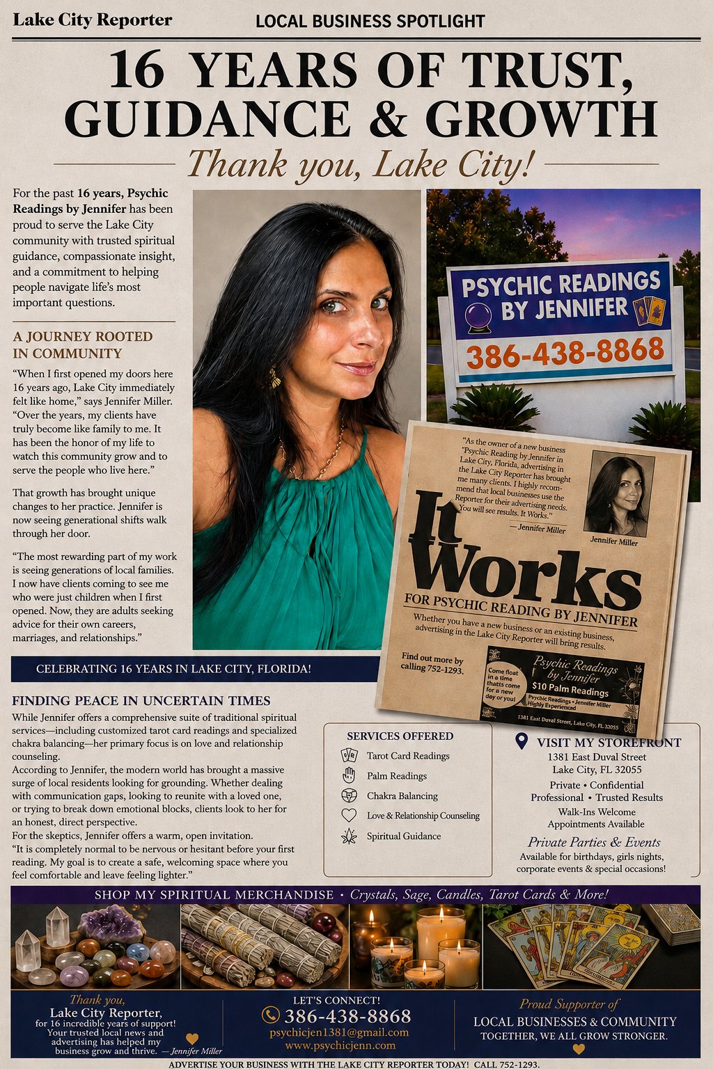 Lake City Reporter Local Business Spotlight feature on Psychic Readings by Jennifer Miller celebrating 16 years in Lake City Florida