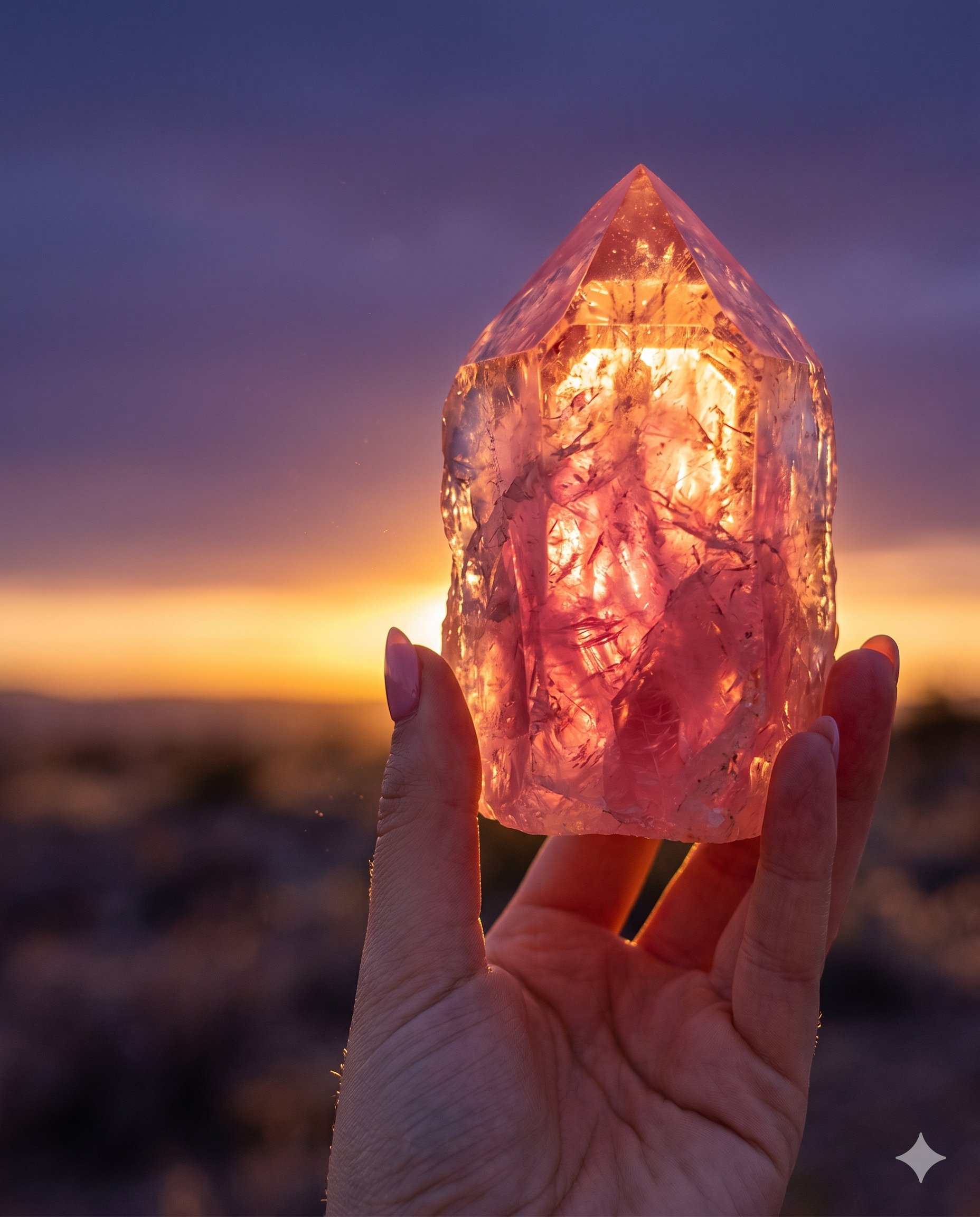 Glowing rose quartz crystal held toward the sunset