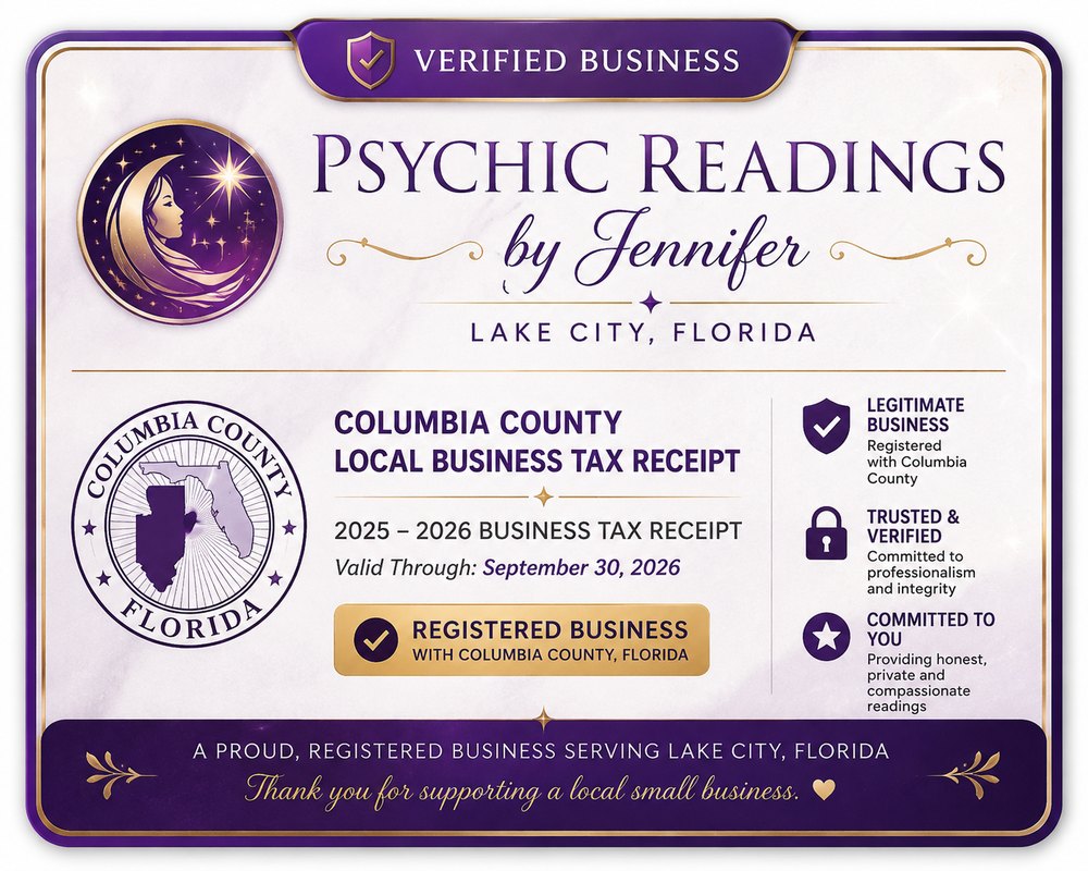 Columbia County Florida Local Business Tax Receipt for Psychic Readings by Jennifer Miller, Lake City FL, valid through September 30 2026